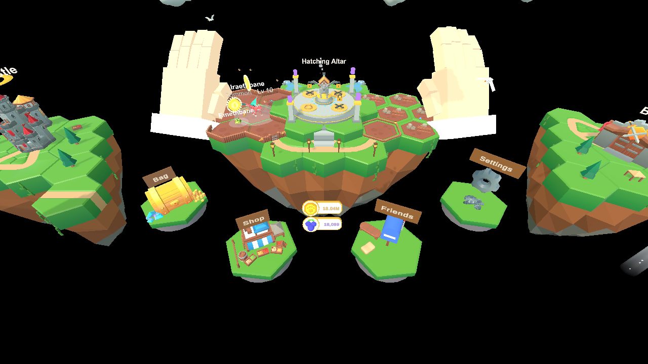 The DraGen main island floating in front of the player, with the Hatching Altar, dragon habitat, gardens and the Bag, Shop, Friends and Settings islands around it.