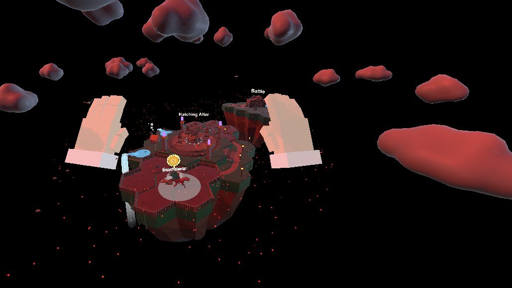 The island bathed in red light under crimson clouds during a blood moon.