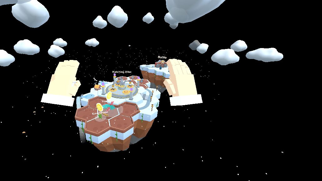 The island covered in snow under white clouds, with the Hatching Altar and Battle island in view.